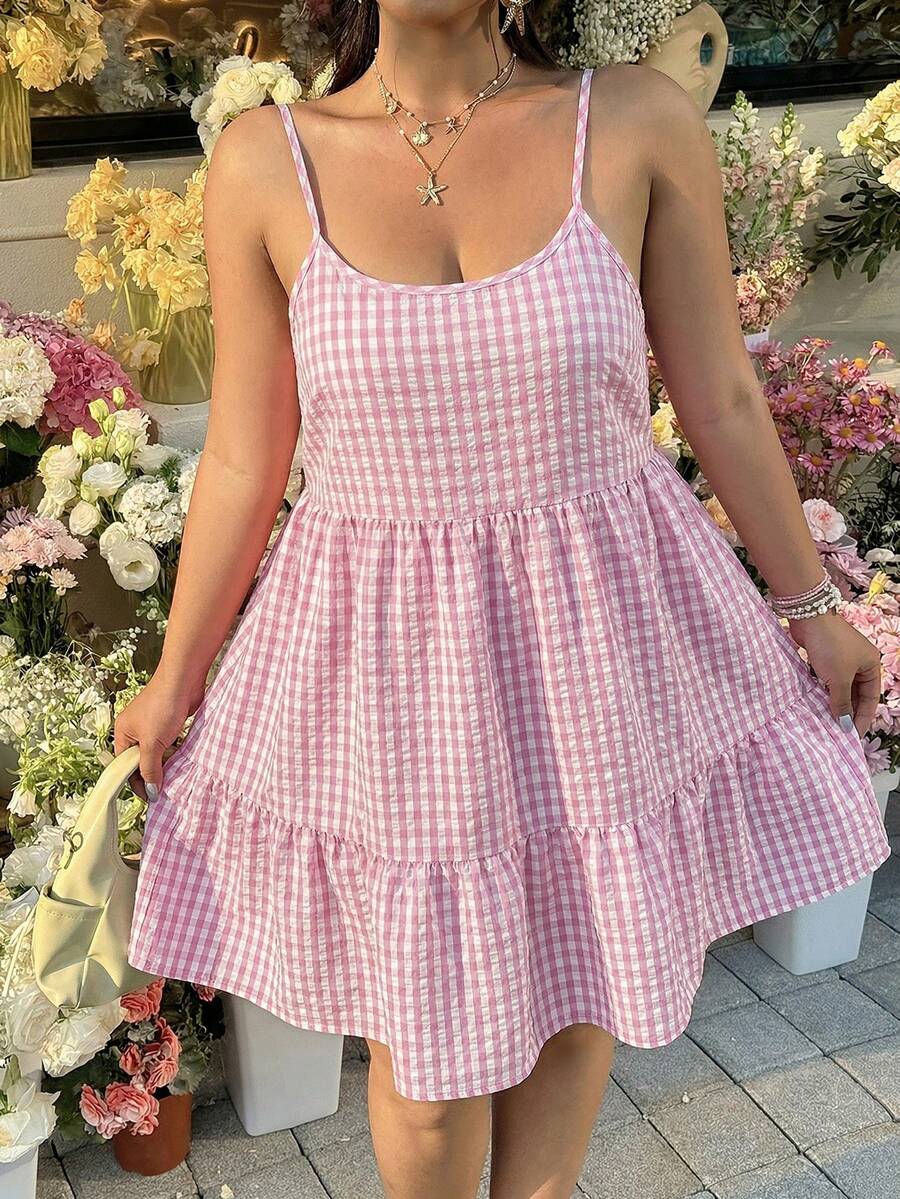 GalTyme Plus Size Pink Spaghetti Strap Backless Summer Dress - Pink - View 1