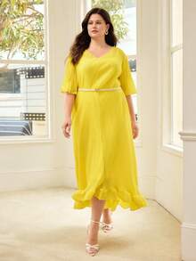 MOTF PREMIUM PLUS SIZE PLEATED LONG DRESS WITH BELT, COMFORTABLE FOR SPRING & SUMMER - Yellow - View 6