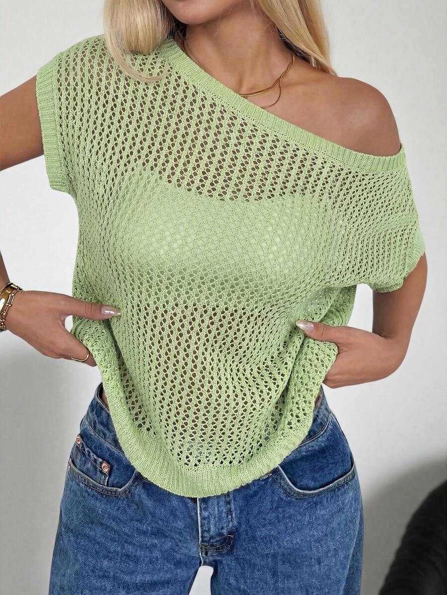 SHEIN EZwear 女士度假休闲纯色镂空肩针织短袖上衣 - 薄荷綠 - 查看 1