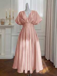SHEIN MOD Đầm midi satin xếp ly tay ngắn cổ chữ V màu trơn cỡ lớn, thanh lịch - Bụi hồng - Xem 6