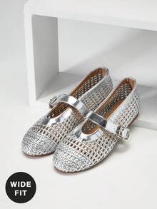 SHUZIA Ladies Wide Fit Crochet Woven PU Mary Jane Flats - Metallic Silver - View 4
