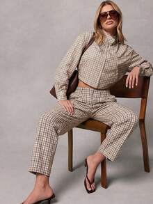 Hauture Fashionable Casual Commuter Retro Plaid Pocket Pants - Apricot - View 2