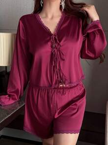 Dazy Plus Romantic Lace Patchwork Satin Tie-Up Top & Super Short Pajama Pants Set, Elegant Plus Size Women Sleepwear For Spring/Summer - Red Violet - View 2