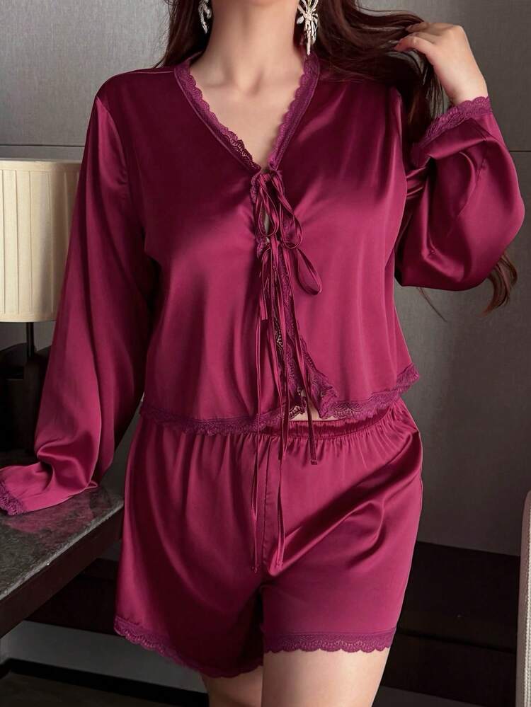 Dazy Plus Romantic Lace Patchwork Satin Tie-Up Top & Super Short Pajama Pants Set, Elegant Plus Size Women Sleepwear For Spring/Summer