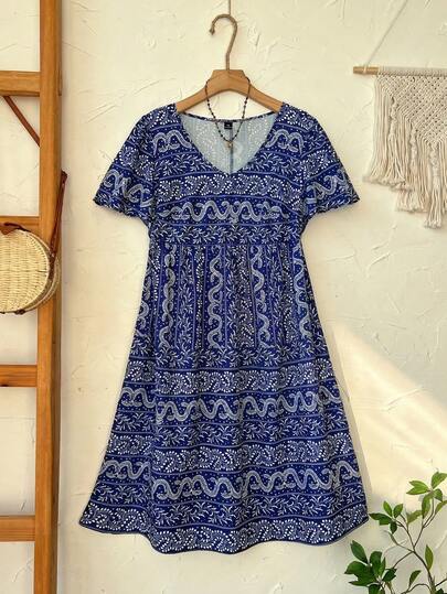 Rusticease Plus Size Women's Summer Casual Vacation Country  Ditsy Floral Print V-Neck Short Sleeve Casual Dress,Casual Holiday Style,Summer Outfits For Women ,Vacation Outfits Women ,Holiday Outfits For Women,Going Out Outfits,New Clothes,Simple And Fashionable For Everyday Wear,Suitable For Summer, Vacation, Daily Wear, Festival Outfits For Women,Country Concert Outfit,Beach Outfits For Women,Western Style,Flowy Dress,Gifts For Mother,Boho Dress,Blue Dress