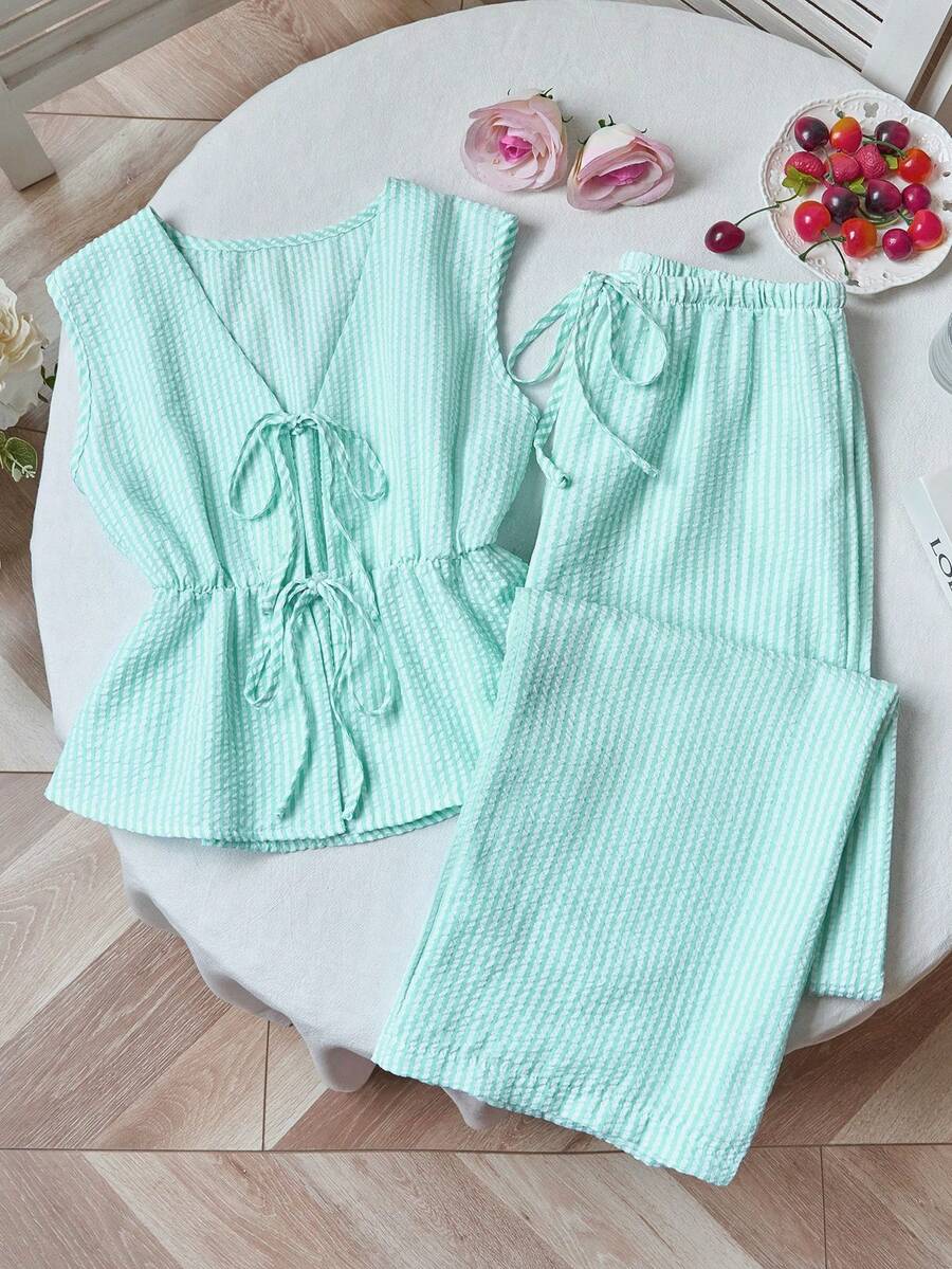 Sweetra Quần ống đứng buộc dây tối giản đa năng màu hồng sọc kiểu dáng mùa hè Châu Âu và Mỹ dành cho nữ, bộ 2 chiếc. - màu xanh lá - Xem 1