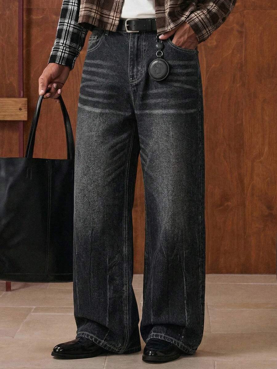 SWAVVY 男士休闲水洗斜插口袋宽松牛仔裤 - 黑色 - 查看 1