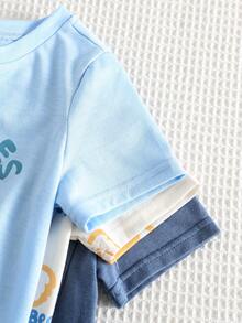 SHEIN 3件套男女宝宝休闲可爱动物印花圆领短袖蓝色针织T恤，3种颜色可选，适合春夏穿着 - 彩色 - 查看 4