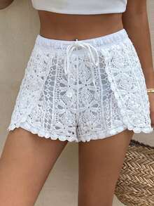 DAZY Quần short nữ dáng rộng, thắt eo bằng dây rút, thiết kế khoét lỗ. - trắng - Xem 3
