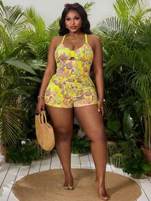 Swim Lushoire Plus Size Full Print Hollow Out Halter Top And Shorts Casual Vacation Tankini Set - Yellow - View 5
