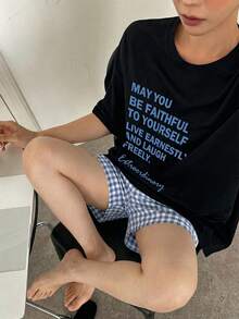 DAZY Bộ đồ ngủ nữ 2 món gồm áo thun in hình và quần short kẻ caro, đồ mặc nhà mùa hè. - màu đen - Xem 3
