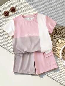 SHEIN Young Boys' Color Block Letter Print Round Neck Short Sleeve T-Shirt And Shorts Set,Casual Comfortable Soft Fabric Summer Beach Outfits,Daily Wear - Multicolor - View 4