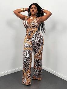 Glyssa 女士时尚豹纹深V领无袖露背修身直筒长款连体裤 - 彩色 - 查看 7