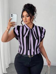 Elenzga Blus Lengan Pendek Bergaris Hitam Putih Ukuran Besar untuk Kasual/Kerja - Mauve Purple - View 1