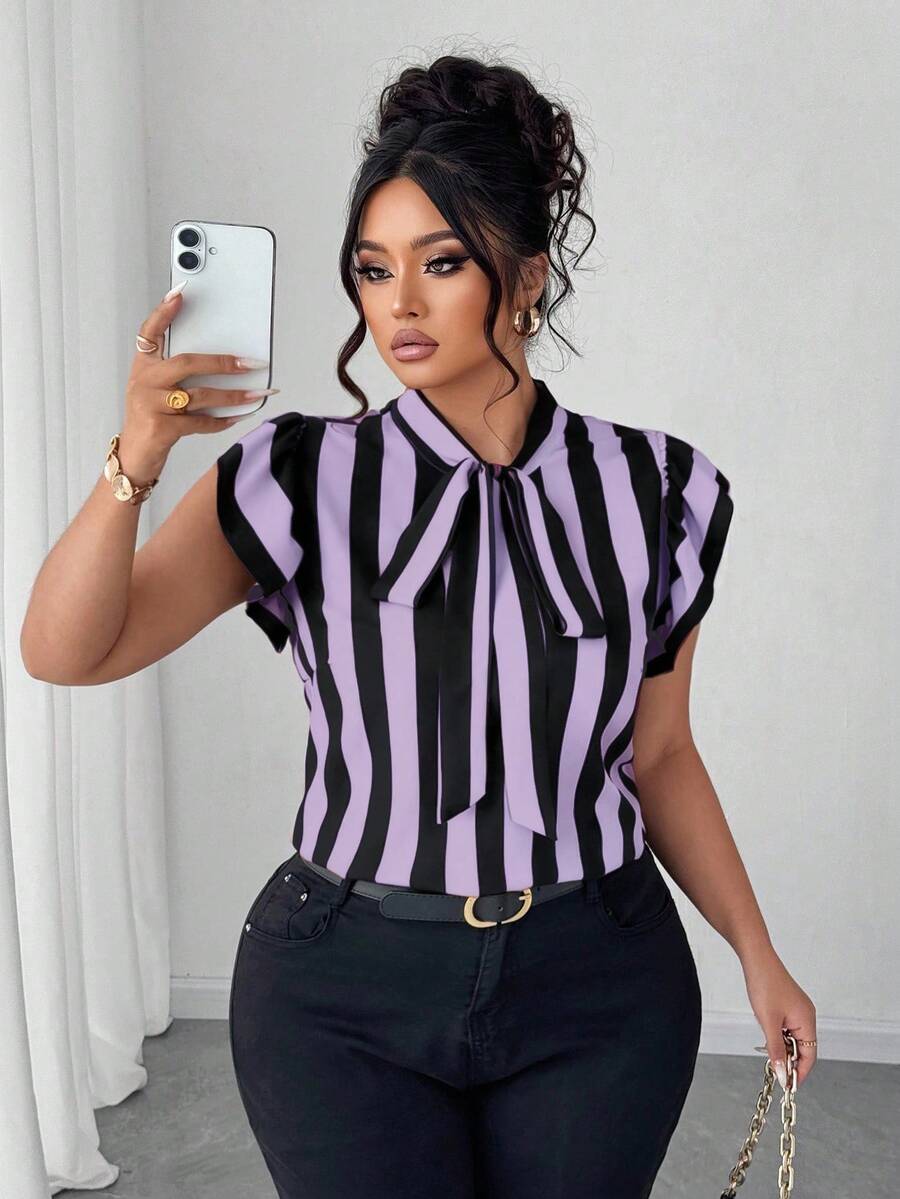 Elenzga Blus Lengan Pendek Bergaris Hitam Putih Ukuran Besar untuk Kasual/Kerja - Mauve Purple - View 1