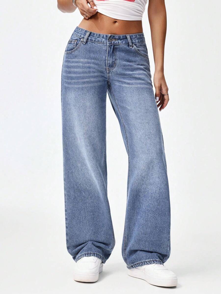 SHEIN ICON 女士口袋纽扣休闲百搭日常穿着阔腿牛仔裤 - 淺藍色 - 查看 1