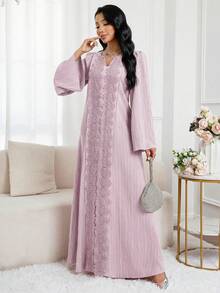 Al Najma Women's Elegant Solid Color 3D Lace Print Asymmetric Collar Flare Sleeve Arabic Style Dress - Dusty Purple - View 6