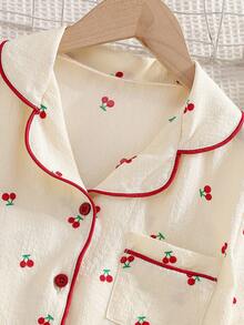 Teen Girls 2 Pieces Pajama Set, Elegant Cherry Print With Ruffle Trim, Comfortable Short Sleeve Top And Shorts - Apricot - View 10