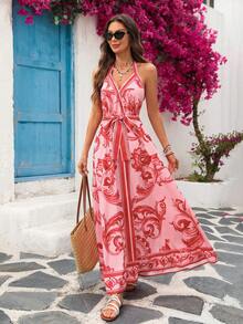 Vivid Eden Vestido Casual de Verão Feminino com Estampa Completa e Decote Halter Sem Costas - Rosa chiclete - Visão 8