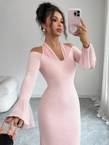 Elenzga Women's Elegant Turtleneck Patchwork Flare Sleeve Long Sleeve Dress, Autumn Party Soft Pink - Baby Pink - View 3