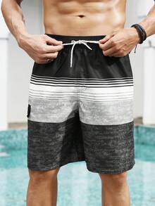 Manfinity KASUA Pantalones cortos de playa para hombre con cintura con cordón y rayas de color en contraste, vacaciones - Multicolor - Ver 4