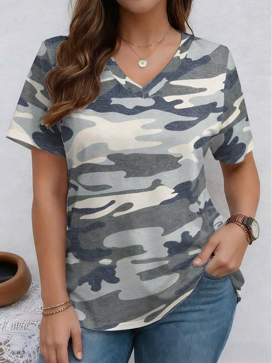Camiseta casual de manga corta con cuello en V y estampado de camuflaje patchwork, talla grande, para primavera y verano - Multicolor - Ver 1