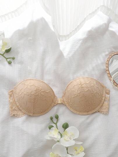 Women Contrast Lace Front Button Closure Strapless Bra