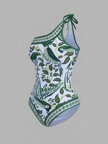 Swim Oasis Bộ đồ bơi liền thân và váy quấn nữ Xuân/Hè 2026 SS thanh lịch, lãng mạn phong cách BOHO, họa tiết lá nhiệt đới, hoa lá, phong cảnh, bất đối xứng vai, dây đeo nơ điều chỉnh được, thích hợp cho bãi biển, kỳ nghỉ, tiệc trà chiều, dã ngoại, tiệc tùng, mặc hàng ngày, hoạt động ngoài trời, trang phục thời trang. - Màu xanh lá cây đậm - Xem 6