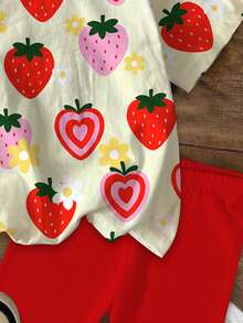 SHEIN 两件套女童休闲甜美夏季彩色草莓花卉印花圆领短袖T恤搭配紧身打底裤套装，适合日常穿着、度假、外出，Y2K风格，可爱，儿童舒适，儿童秋季时尚，秋季新款，花卉时尚，女童套装，两件套，价格实惠，时尚百搭，周末穿搭，儿童套装，轻松舒适，舒适的春夏风格，夏季，度假，波点 - 彩色 - 查看 6