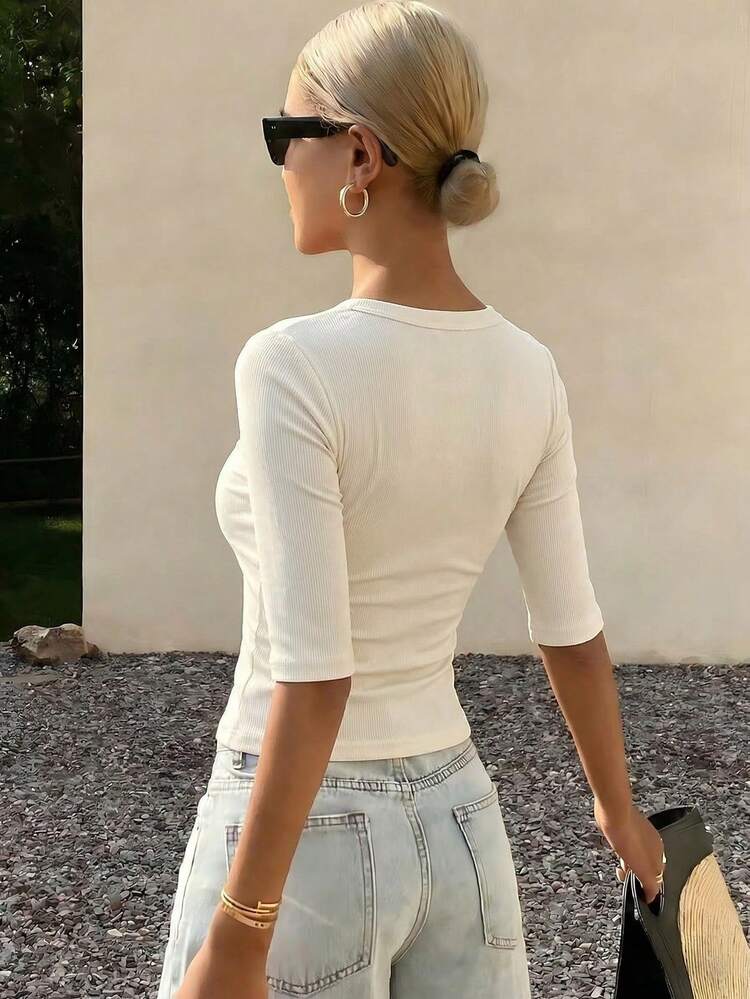 Women's Summer Square Neck Fitted Ribbed Casual Short Sleeve T-Shirt