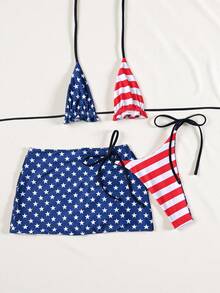 SHEIN Swim 三件套双面印花比基尼泳衣，美式风格，适合海滩度假 - 彩色 - 查看 7