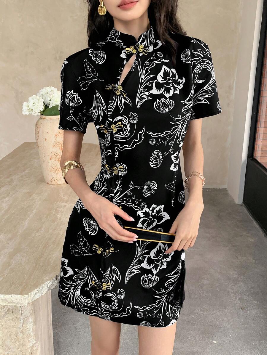 EastFlair 女士碎花黑色短款旗袍连衣裙