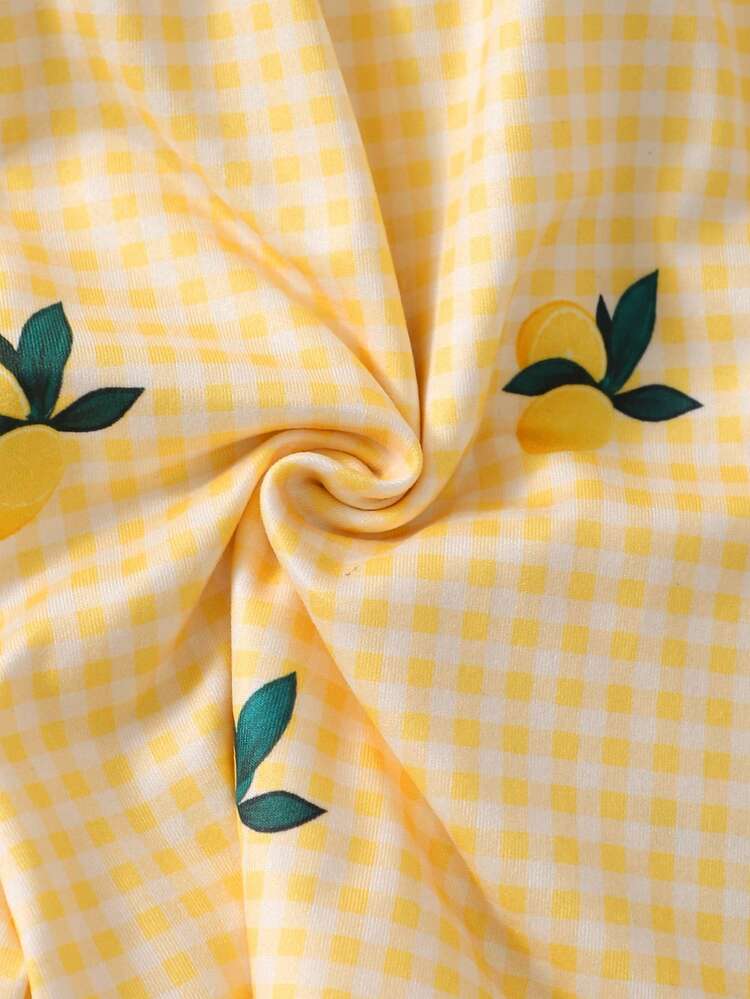 2pcs/Set Girls Sweet Princess Style Buttercup Yellow Vest & Shorts Set,White,Summer,Cute,Vacation,Multi-Layer Bow Decor Lemon Gingham Print Outfits - Yellow - View 9