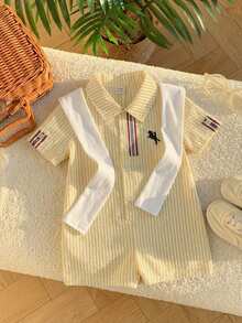 SHEIN Unisex Newborn Baby 2pcs/Set Blue & White Striped Short Sleeve Romper And Khaki Knit Shawl Set, Spring/Summer Baby Boy Clothes, Outfits - Yellow - View 5