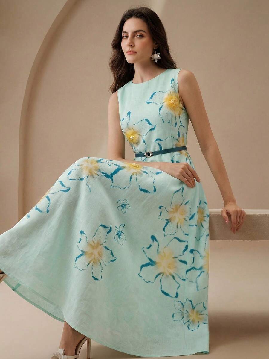 Anewsta 女士无袖 A 字印花长裙，海军蓝 PU 腰带束腰，3D 立体花朵装饰，浪漫优雅，适合休闲聚会、度假、海滩、婚礼等场合。 - 藍色 - 查看 1