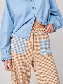 Nöista Gingham Medium-Waisted Pants With Contrasting Blue Checkered Pockets And Waist And Wide Leg. Spring, Summer, Pants. - Khaki - View 5