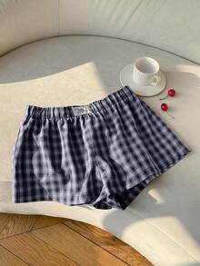 SHEIN EZwear 女士海军蓝格子梭织阔腿短裤 - 藏蓝色 - 查看 3