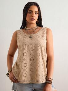 Freevana 法式镂空刺绣无袖上衣 – 圆领前襟，V 形后背蝴蝶结装饰，棉质镂空蕾丝下摆，宽松版型女士夏季休闲衬衫 - 杏色 - 查看 3