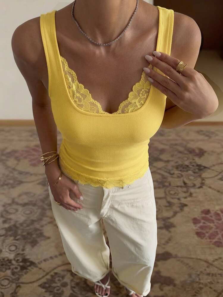 Spring & Summer Yellow Sexy Music Festival Camisole, Casual Street Lace Patchwork Slim Fit Spaghetti Strap Tank Top For Party, Wedding, Valentine's Day