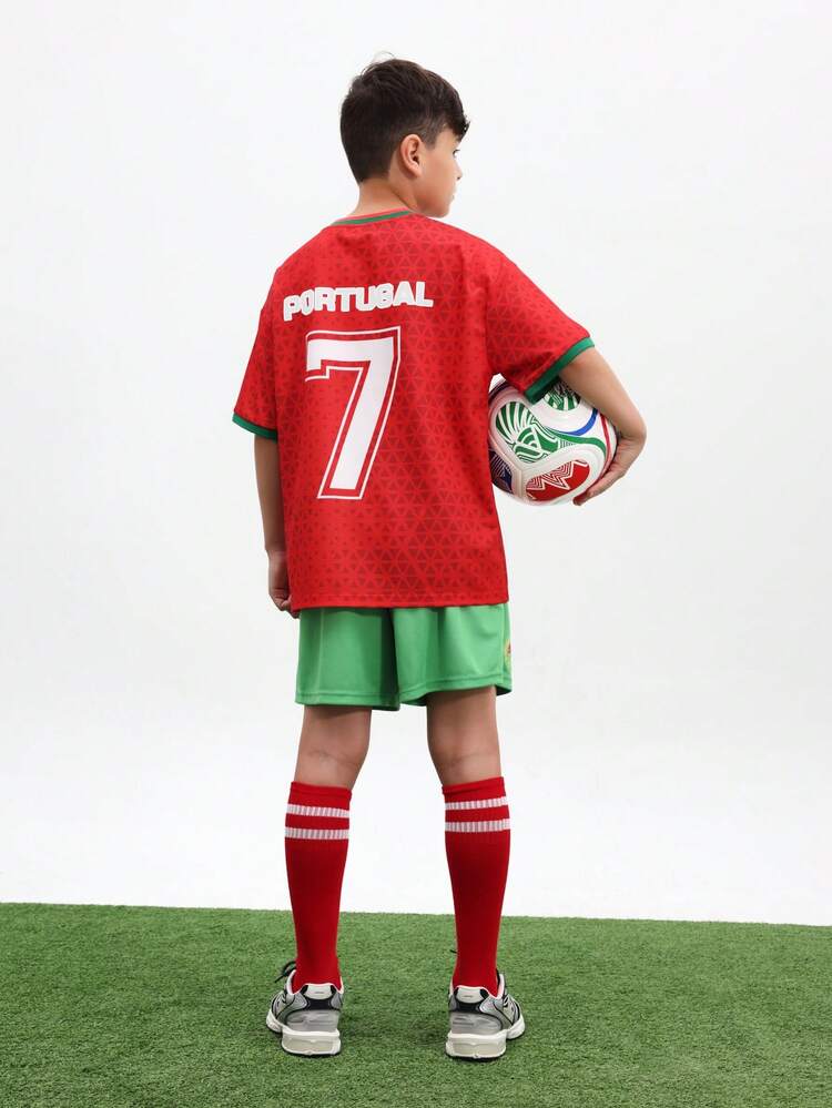 Boys Portugal Team Inspired Red Short Sleeve Jersey Tee With Green Athletic Shorts Matching Soccer Set With Number 7