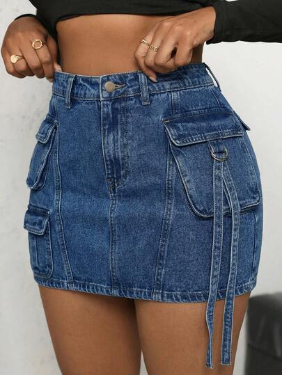 Dripcurv Plus Size Casual Loose Denim Mini Skirt, Vintage Washed Blue