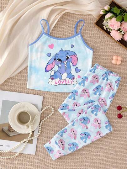 Bộ đồ ngủ họa tiết hoạt hình dành cho bé gái tuổi teen, gồm áo hai dây và quần short, thích hợp cho mùa hè.