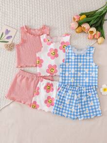 SHEIN Elladie kids 6件組 0-3歲女嬰夏季可愛親子套裝 柔軟波浪針織面料 無袖上衣T恤&短褲套裝 杏色 綠色 黑色 - 彩色 - 查看 6