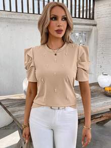 SHEIN Clasi Áo thun ngắn tay nữ thanh lịch đính ngọc trai, thích hợp cho mùa hè. - Màu Khaki - Xem 5