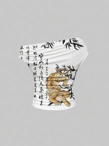 ROMWE Avant Sexy Dark Chinese Calligraphy Tiger & Bamboo Punk Street Oblique Shoulder Graphic Print Women T-Shirt - White - View 2