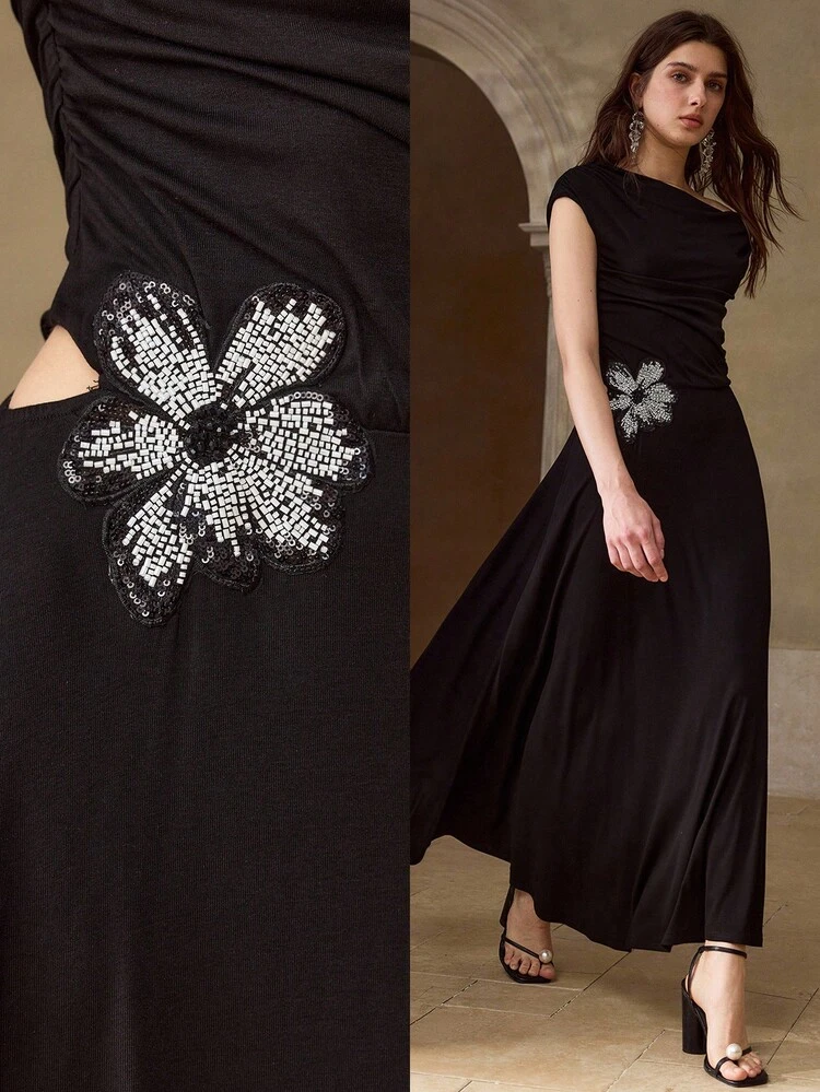 SPRING/SUMMER NEW HOLLOW EMBROIDERED FLORAL RUCHED ASYMMETRIC SHOULDER KNIT MIDI DRESS FOR WOMEN