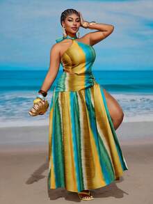 Maweii Plus Size Halter Neck Sleeveless Exotic Vintage Beach Dress - Multicolor - View 4