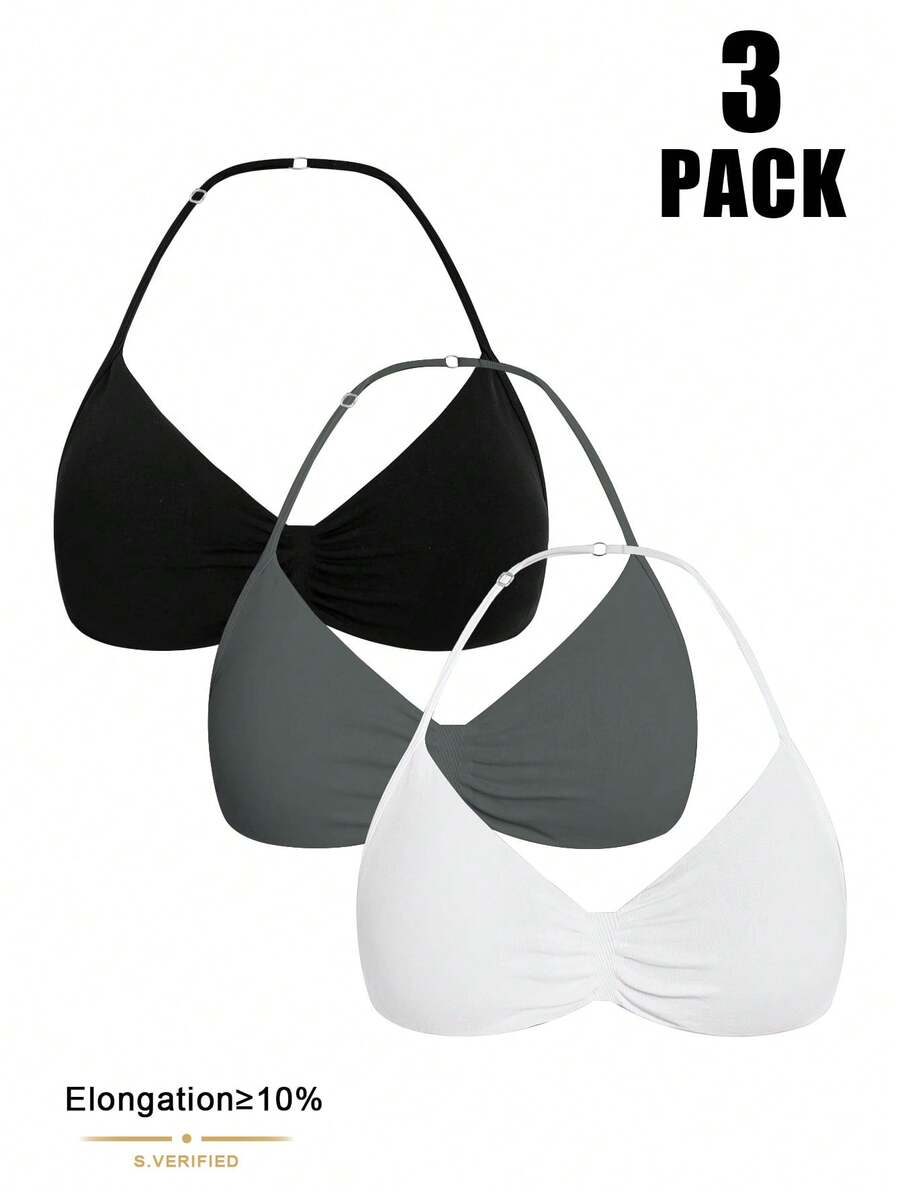 Easithlete 3pcs Women's Solid Color Halter Neck Ruched Casual Comfortable Sports Bras - Multicolor - View 1