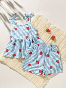 SHEIN Playful Pals 2件套女婴幼儿/新生儿0-3岁休闲日常可爱度假条纹蝴蝶结装饰吊带背心+短裤套装，春夏款 - 藍色 - 查看 1