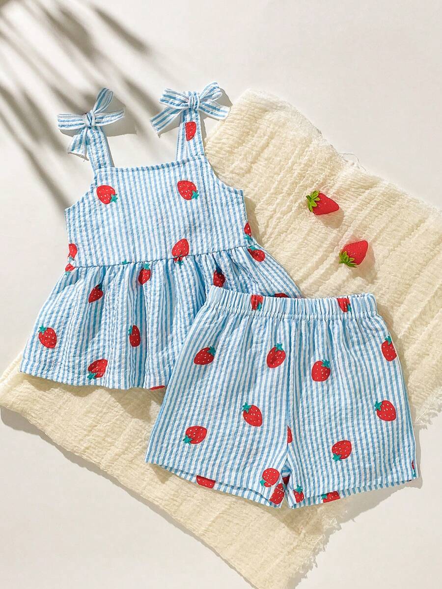 SHEIN Playful Pals 2件套女婴幼儿/新生儿0-3岁休闲日常可爱度假条纹蝴蝶结装饰吊带背心+短裤套装,春夏款 - 藍色 - 查看 1